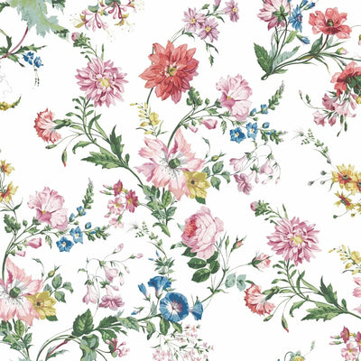 A floral wallpaper bursting with flowers in pinks, blues and yellows on a white background giving a vintage, granny vibe to bedroom or bathroom walls