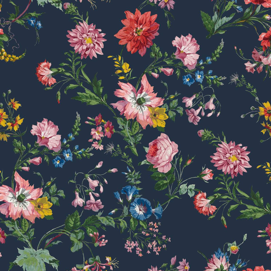 Designer dark charcoal blue floral wallpaper with different coloured flowers