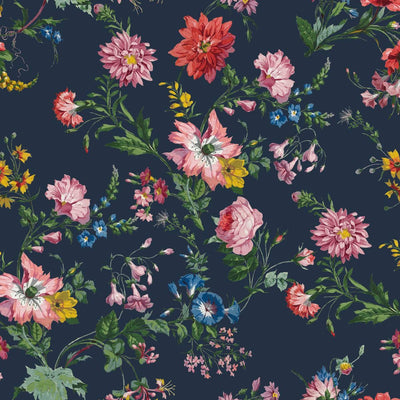 Designer dark charcoal blue floral wallpaper with different coloured flowers