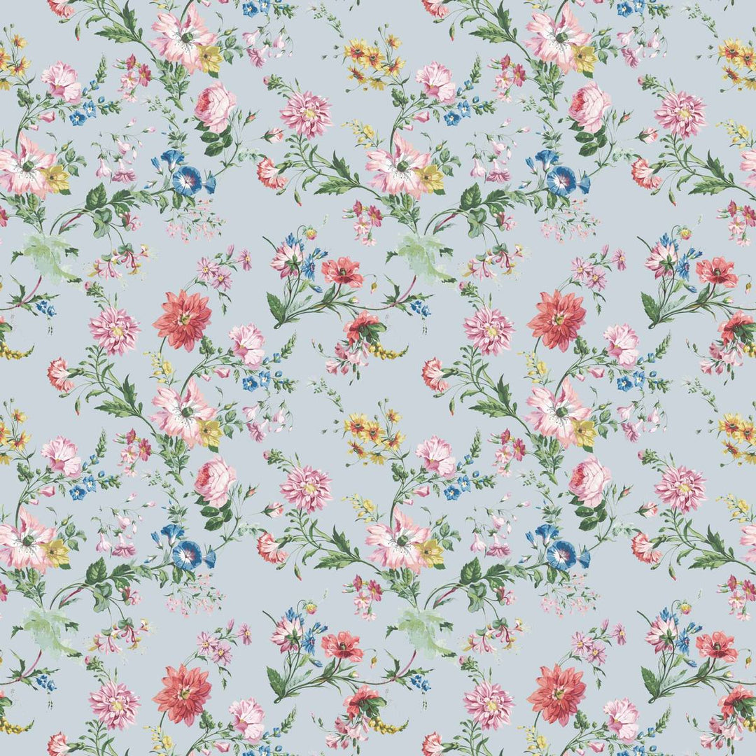 Flower Power wallpaper design featuring colorful floral patterns on a delicate pale blue background.