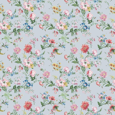 Flower Power wallpaper design featuring colorful floral patterns on a delicate pale blue background.