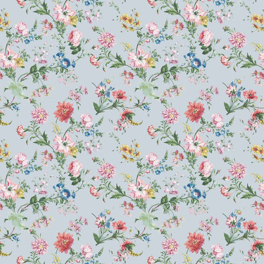 Flower Power wallpaper design featuring colorful floral patterns on a delicate pale blue background.