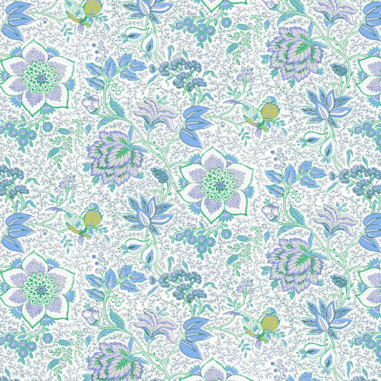 Floral home wallpaper pattern with blue and green flowers on a white background