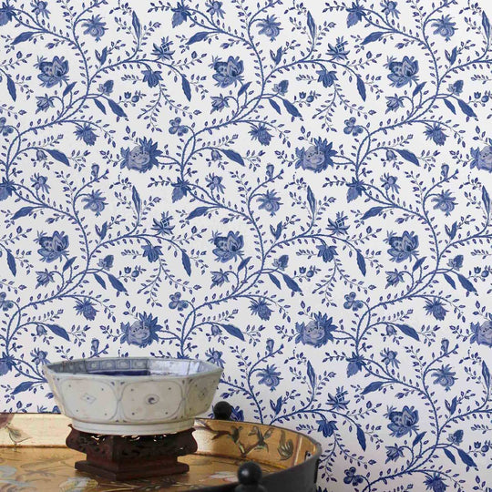 Indienne Floral Wallpaper - Delft Blue, flat lay of the repeating pattern