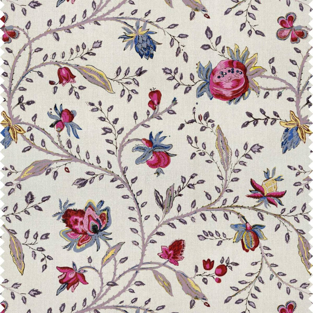 Pretty printed Indienne grande floral linen fabric for home decor and interior design.