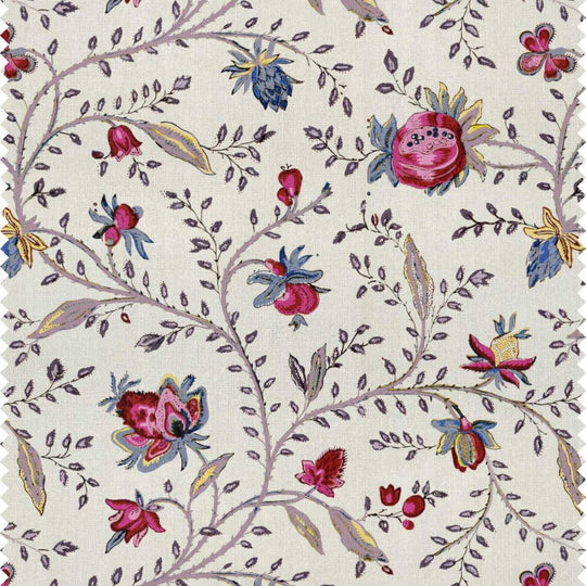 Pretty printed Indienne grande floral linen fabric for home decor and interior design.