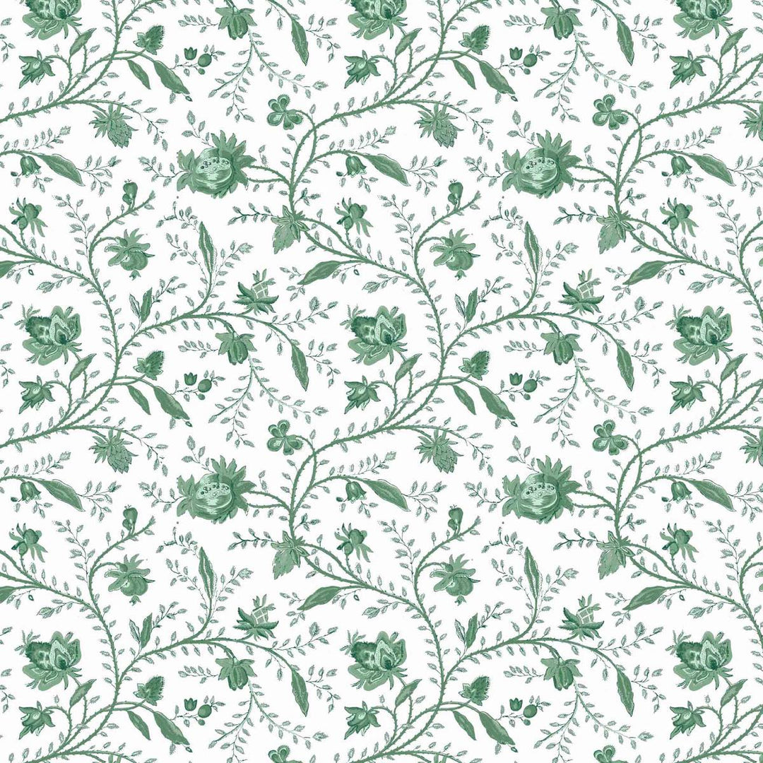 Indienne Floral Wallpaper - Tourmaline Green, flat lay of the repeating pattern
