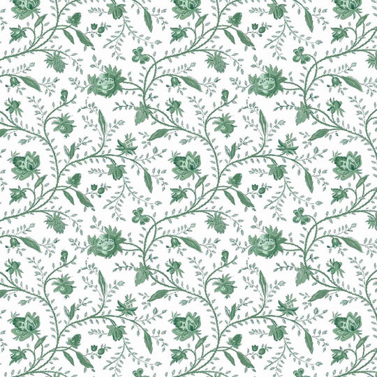 Indienne Floral Wallpaper - Tourmaline Green, flat lay of the repeating pattern