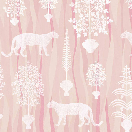 Jag About animal wallpaper in Cotton Candy Pink by Milola Design, featuring Jaguar big cats and ornate trees on a textured background. 