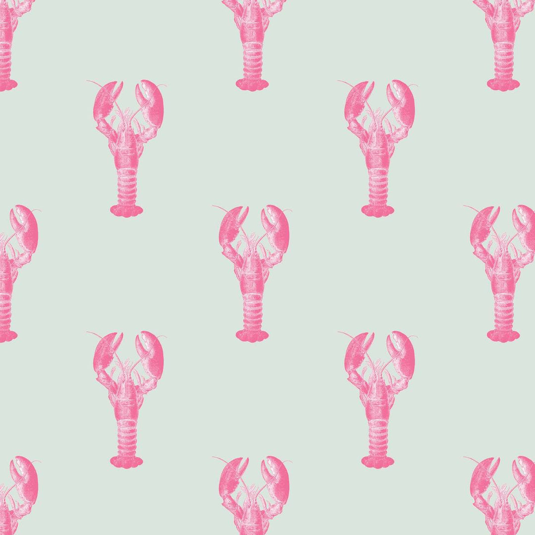 pink lobster home wallpaper design on a light blue background by Milola Design