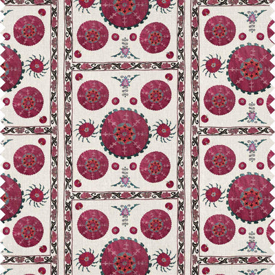 Paris Suzani fabric featuring intricate floral and geometric patterns in dark pinks, teal greens on an off-white background.