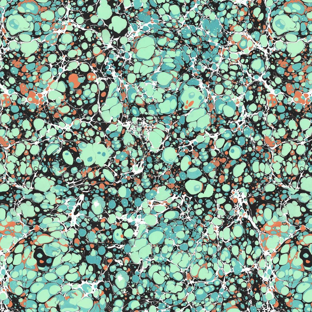 A marbled home wallpaper design in black, green and burnt orange