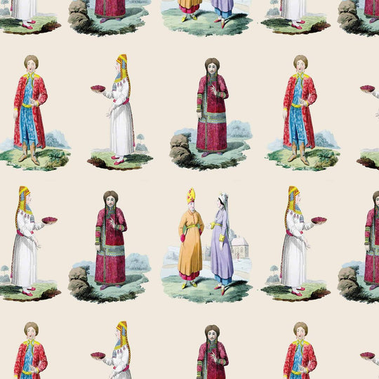 Costumes wallpaper in cream, flat lay of the repeating folk costume pattern