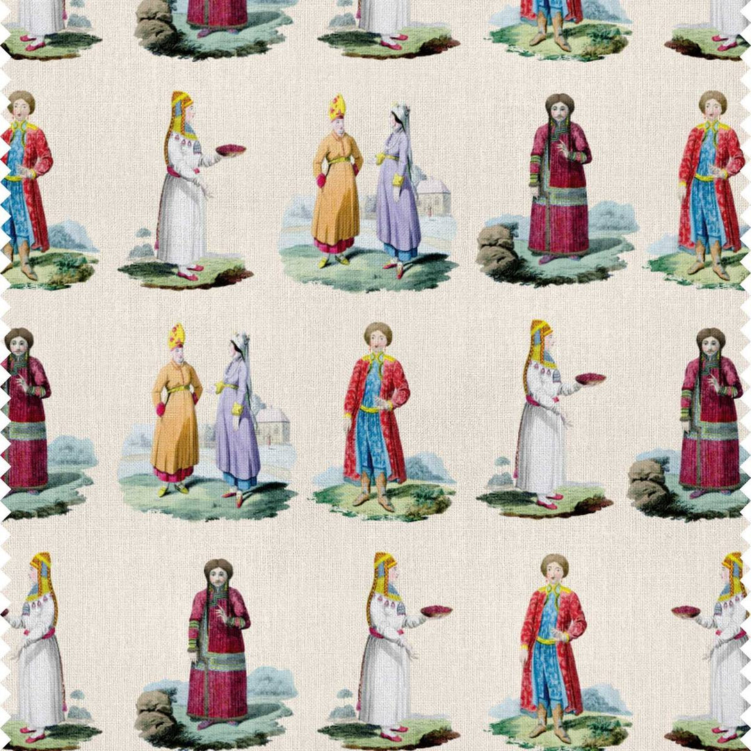 An eclectic printed curtain fabric with figures representing historic Russian costumes by Milola Design