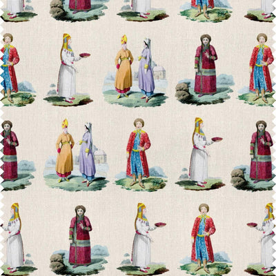 An eclectic printed curtain fabric with figures representing historic Russian costumes by Milola Design