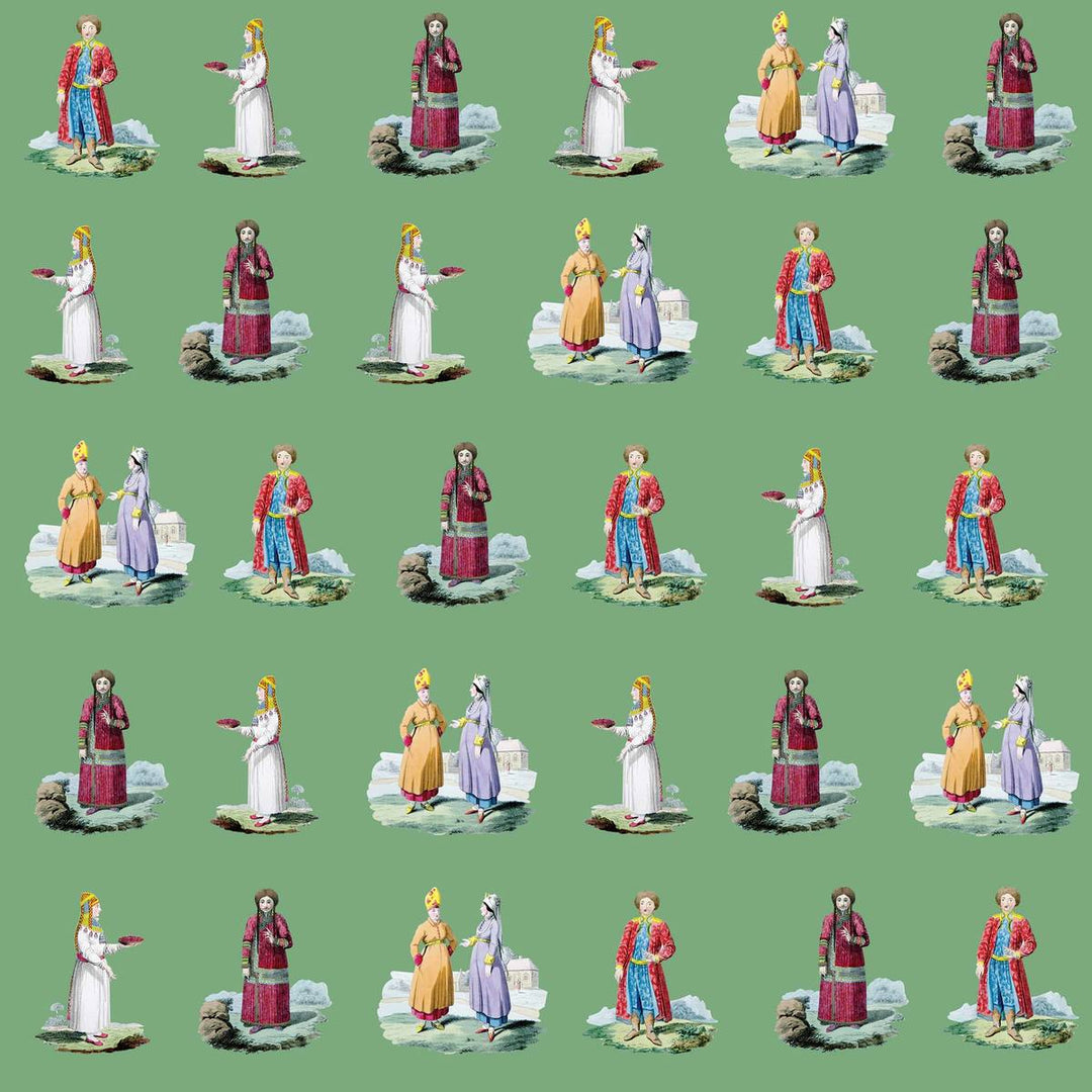 A green statement wallpaper featuring figures dressed in tradtional Russian folk costumes