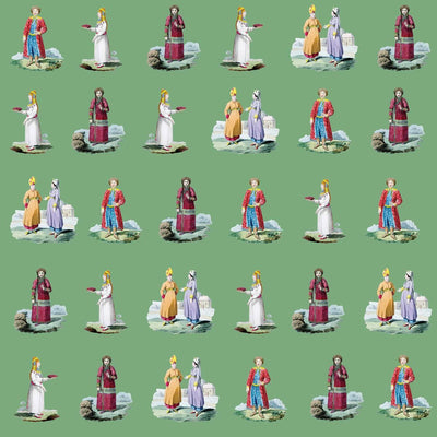 A green statement wallpaper featuring figures dressed in tradtional Russian folk costumes
