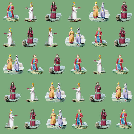 A green statement wallpaper featuring figures dressed in tradtional Russian folk costumes
