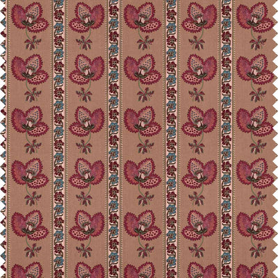 Serafina Stripe fabric in Amber — dark pink floral motifs with Regency-style stripes on an amber brown ground