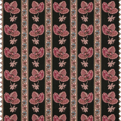 Serafina Stripe fabric in Onyx Black — dark pink floral motifs with Regency-style stripes on a black ground
