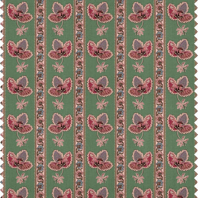 Serafina Stripe fabric in Orchard Green — dark pink floral motifs with Regency-style stripes on a green ground