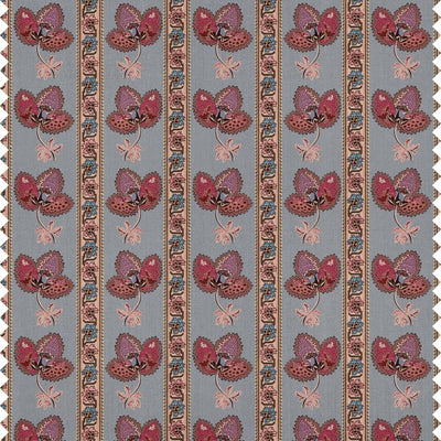 Serafina Stripe fabric in Twilight Blue — dark pink floral motifs with Regency-style stripes on a muted blue ground