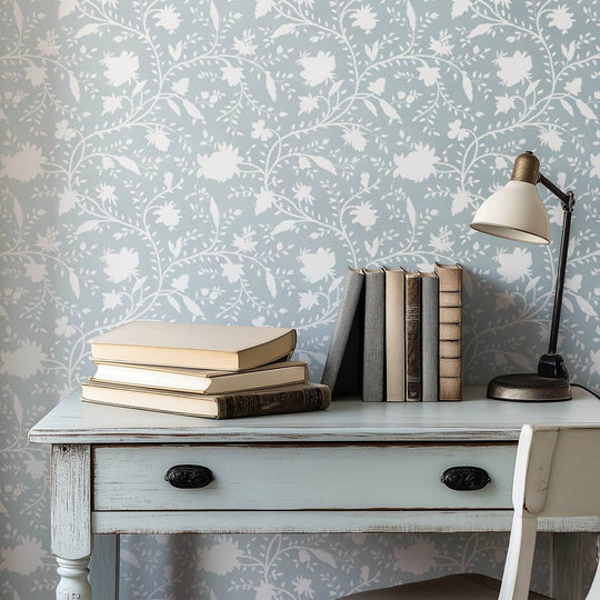 Pale blue and white floral wallpaper pattern