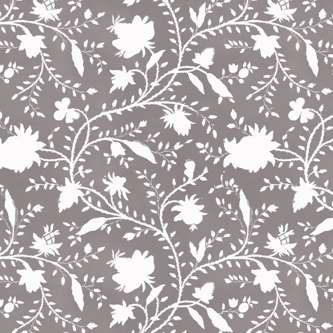 bedroom with dark mauve and white floral wallpaper by Milola Design