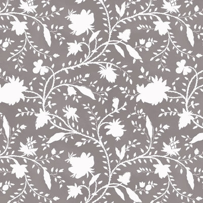 bedroom with dark mauve and white floral wallpaper by Milola Design