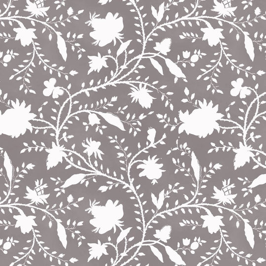 bedroom with dark mauve and white floral wallpaper by Milola Design