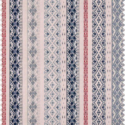 Takla Stripe fabric in Blue and Red — cross-stitch inspired striped pattern on linen-viscose