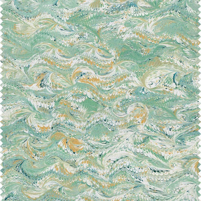 A soft green marbled printed fabric with marblized swirls of yellow, dark blue and white. Suitable fabric for curtains, Blinds and sift furnishings