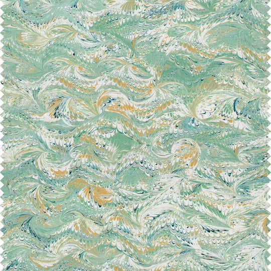 A soft green marbled printed fabric with marblized swirls of yellow, dark blue and white. Suitable fabric for curtains, Blinds and sift furnishings
