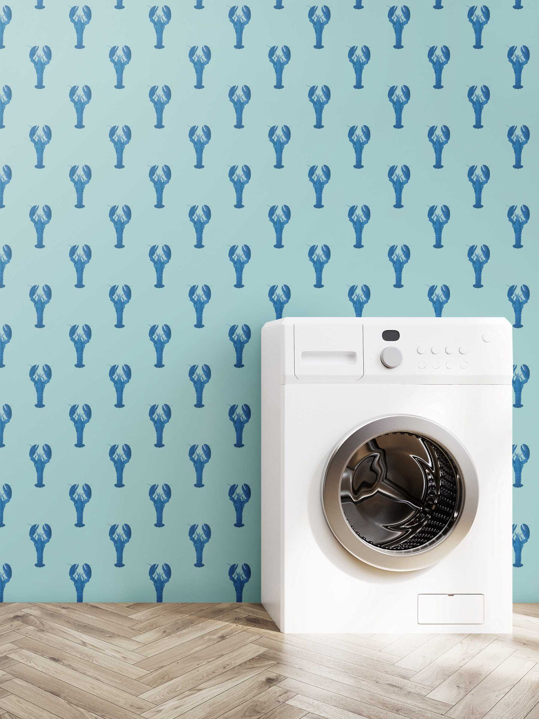 A aqua blue lobster wallpaper shown in a laundry room byb Milola Design