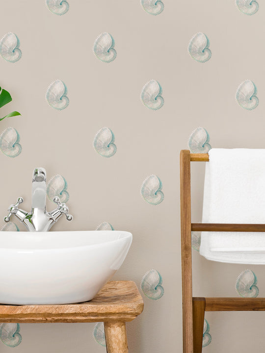 Seashell wallpaper design in Taupe