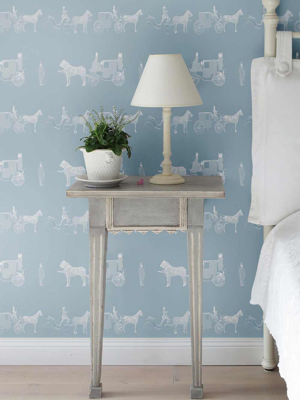 Pale blue and white equestrain wallpaper featuring a elegant period horse and carriage by Milola Design