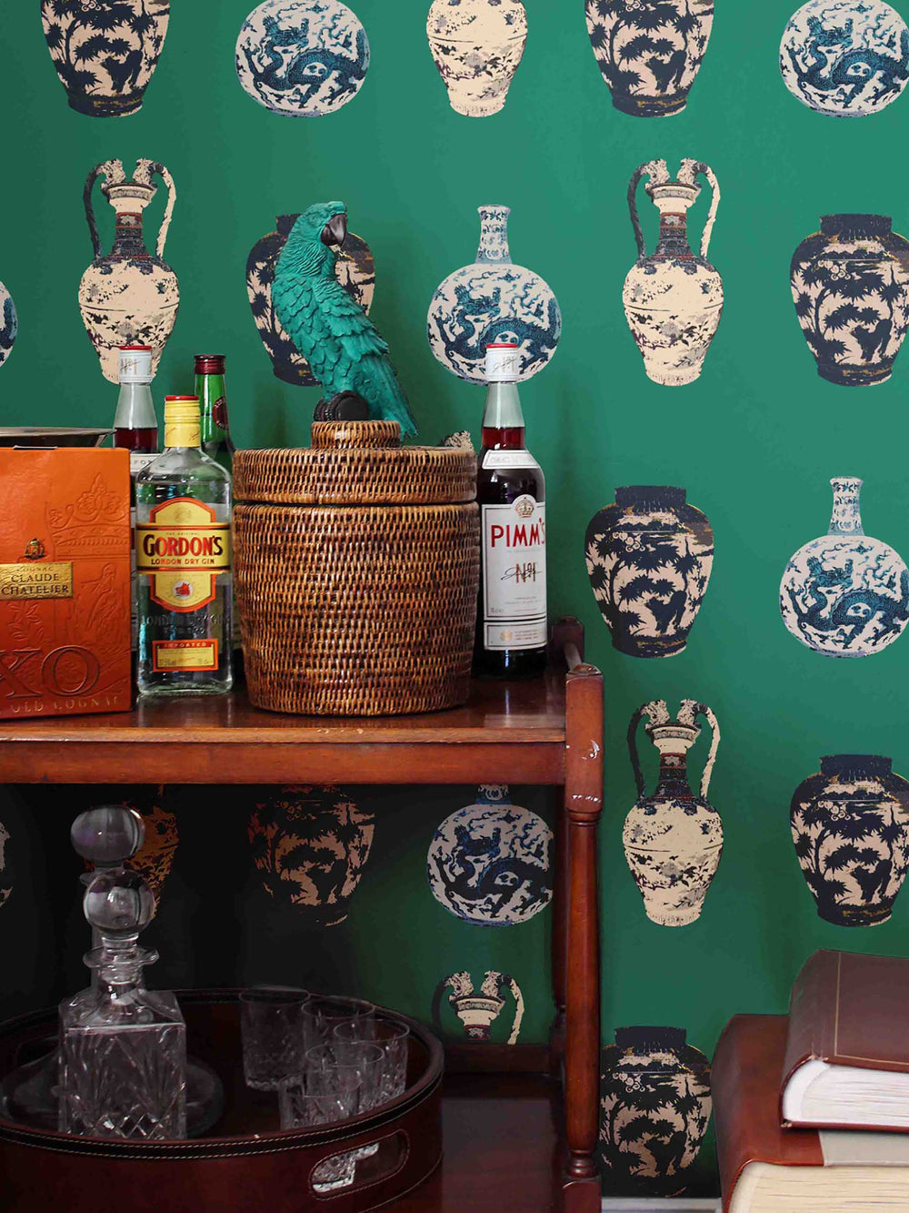 Statement emerald green wallpaper with antique chinese vase pattern by Milola Design