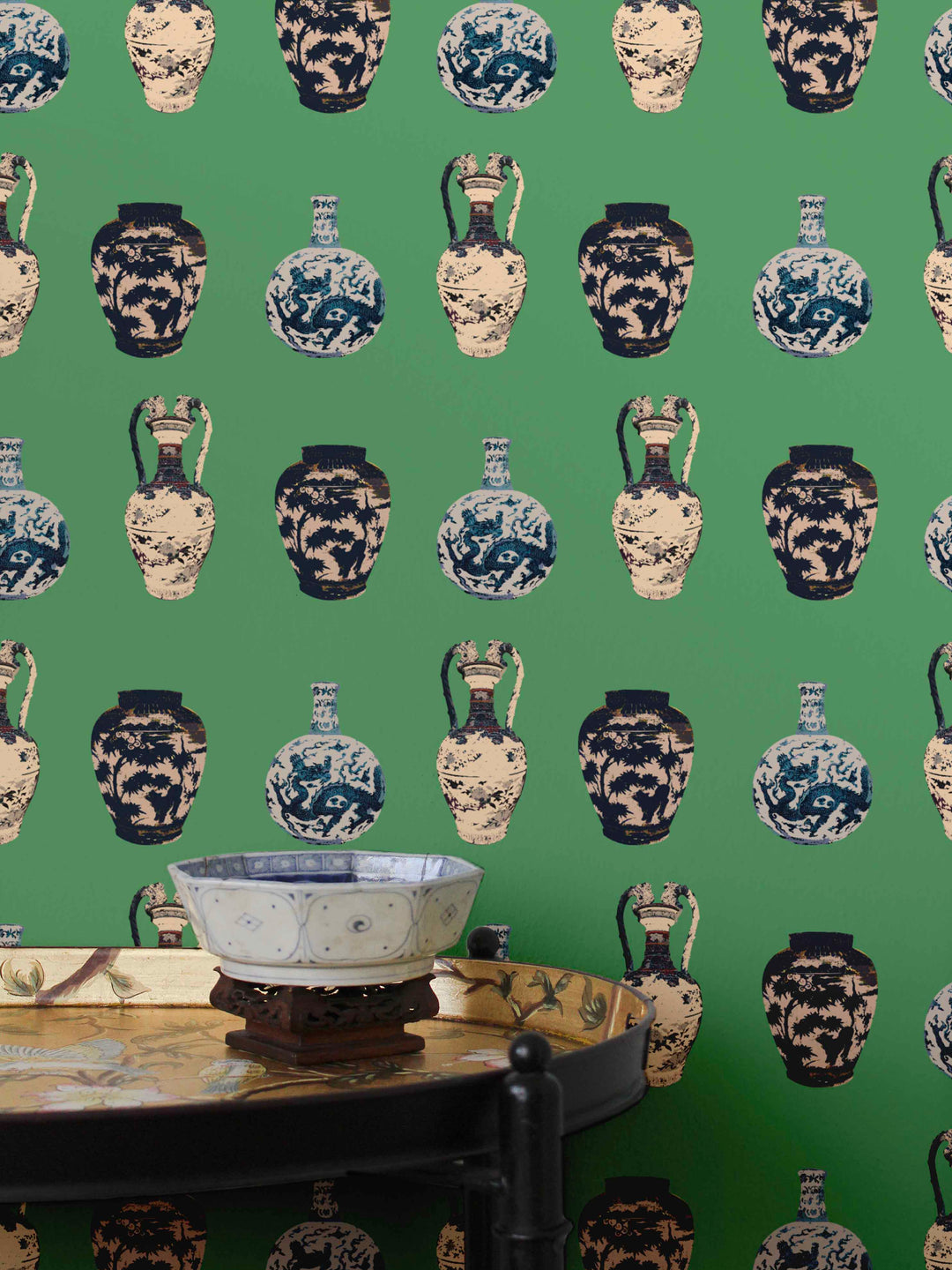 statement spring green wallpaper with chinese vase pattern by Milola Design