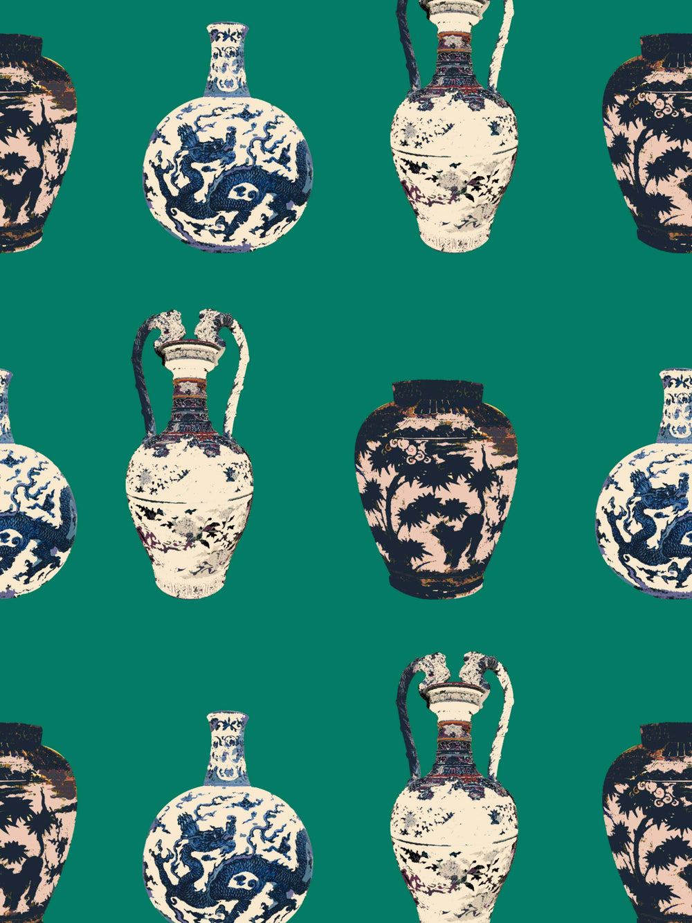 Chinese Vase - Emerald Green - Wallpaper - Milola Design