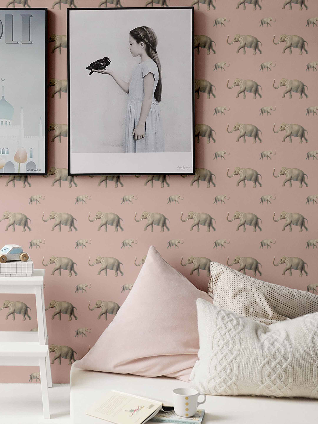 Pink elephant wallpaper in kids bedroom by Milola Design