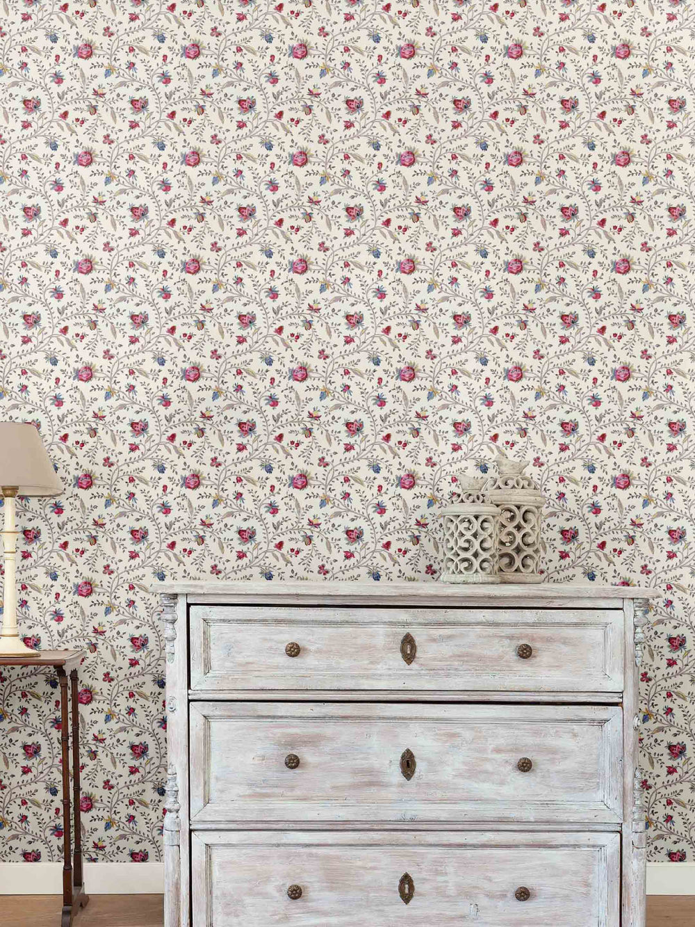 Indienne petite floral wallpaper on walls in bedroom by Milola Design